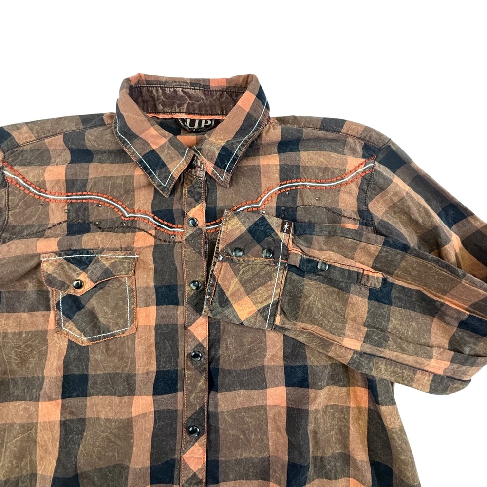 Cowgirl Up Womens XXL Brown Orange Plaid Acid Wash Western Snap Shirt Embroidery